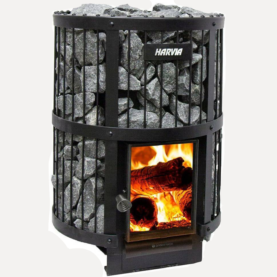 Harvia Legend 240 GreenFlame 21kW Wood-Burning Sauna Stove, front view on a white background with stacked sauna rocks and a glass fire door.