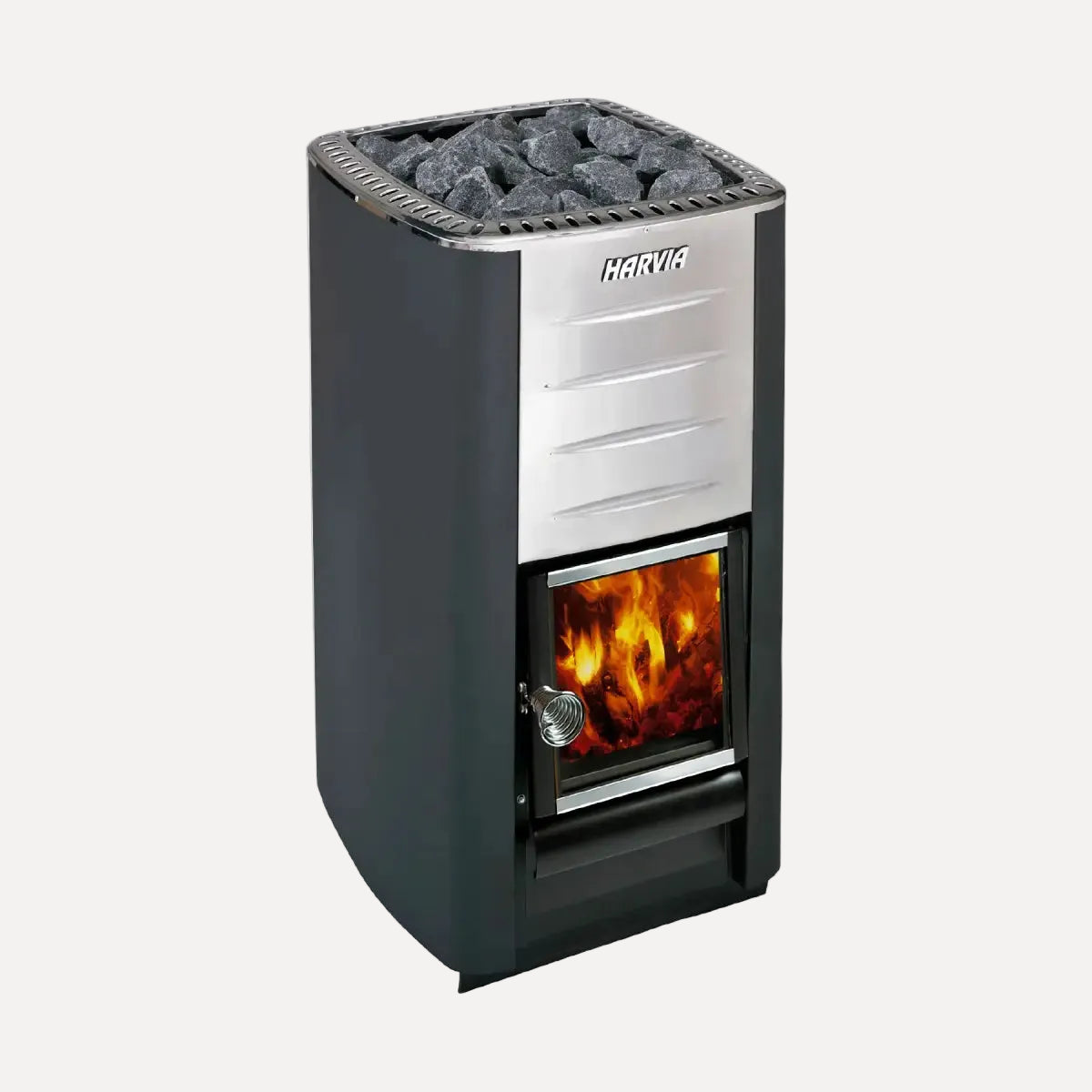 Harvia M3 WKM3 16.5kW Wood-Burning Sauna Stove, front angled view on a white background with stones loaded and glass door showing lit fire