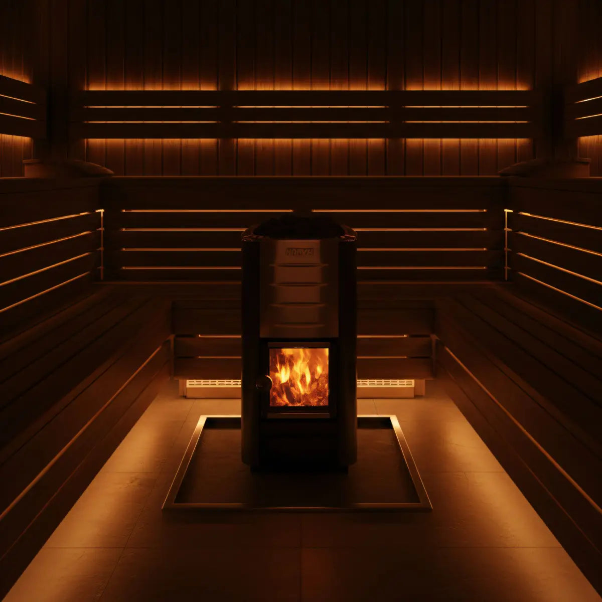 Harvia M3 WKM3 16.5kW Wood-Burning Sauna Stove installed centered in a dim wood paneled sauna room with ambient LED bench lighting
