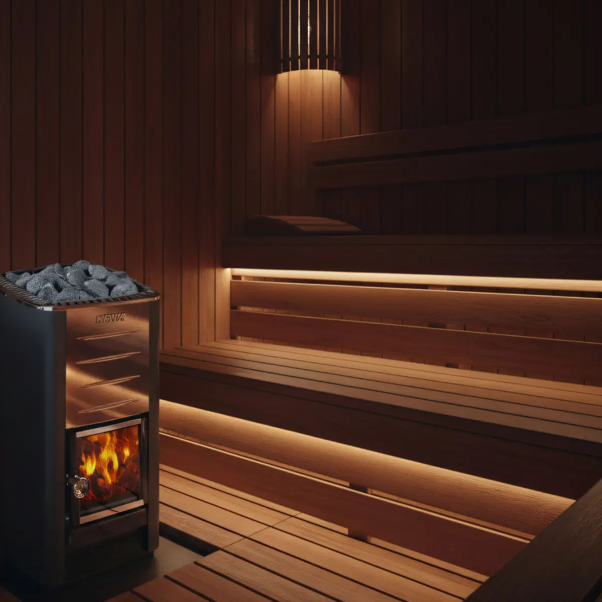 Harvia M3 WKM3 16.5kW Wood-Burning Sauna Stove positioned in the corner of a sauna beside tiered cedar benches with warm accent lighting