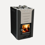 Harvia Pro 20 24kW Wood-Burning Sauna Stove, front angle view with glass door lit and sauna stones on top, white background.