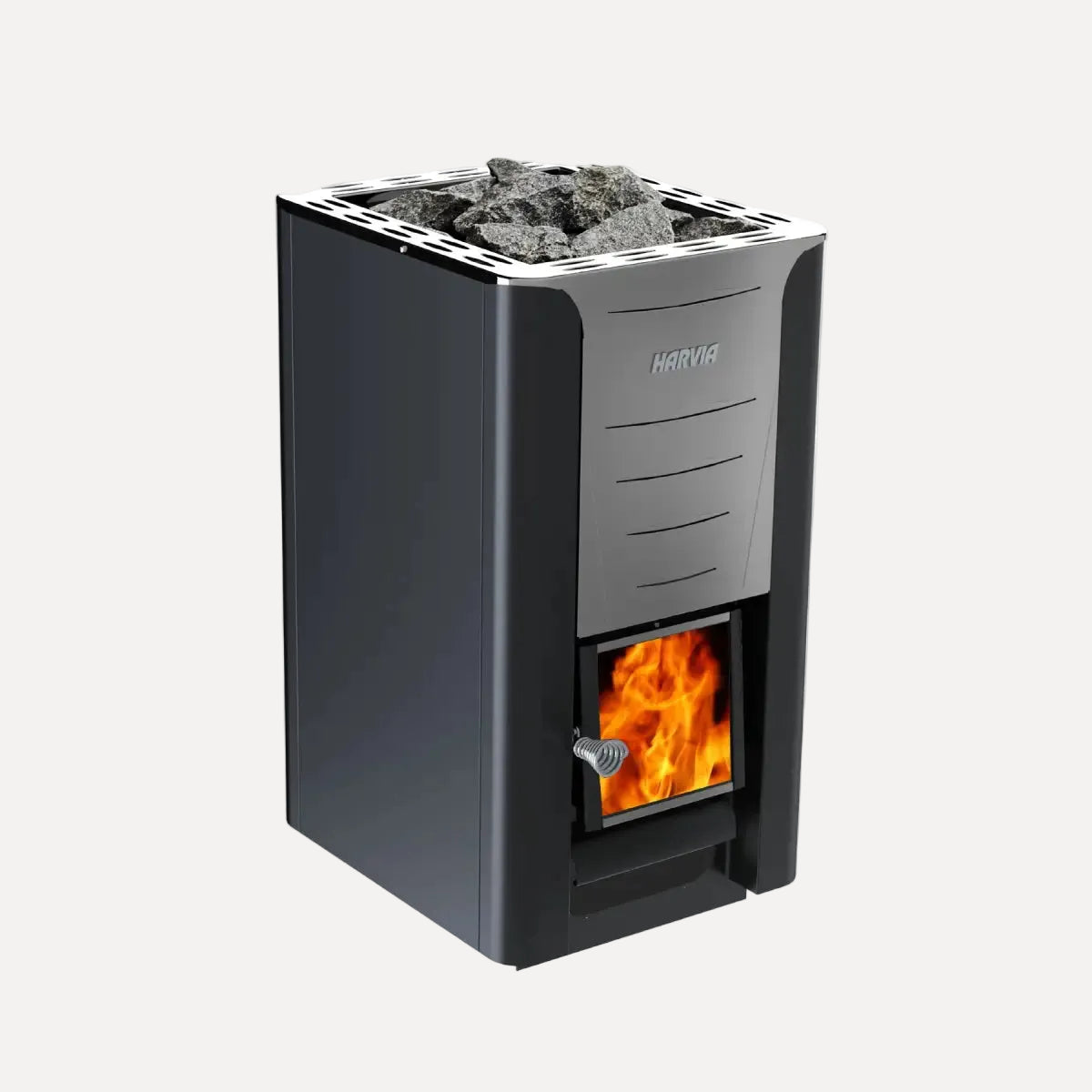 Harvia Pro 26 26.6kW Wood-Burning Sauna Stove, front angled studio view on white background with stones and glass fire door