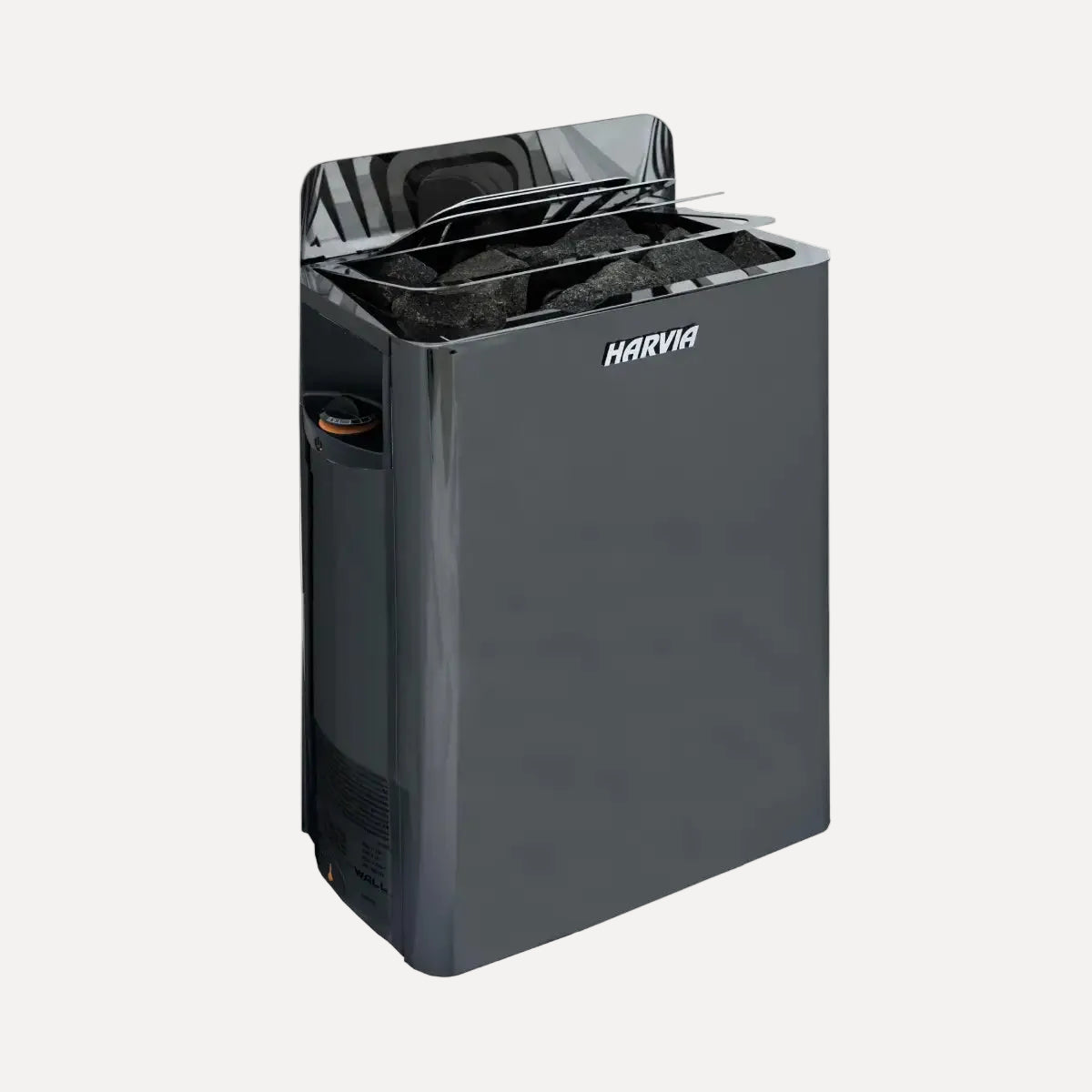 Harvia The Wall SWS60 6kW Electric Sauna Heater with Built-In Controls, black graphite finish shown at an angle on a light backdrop