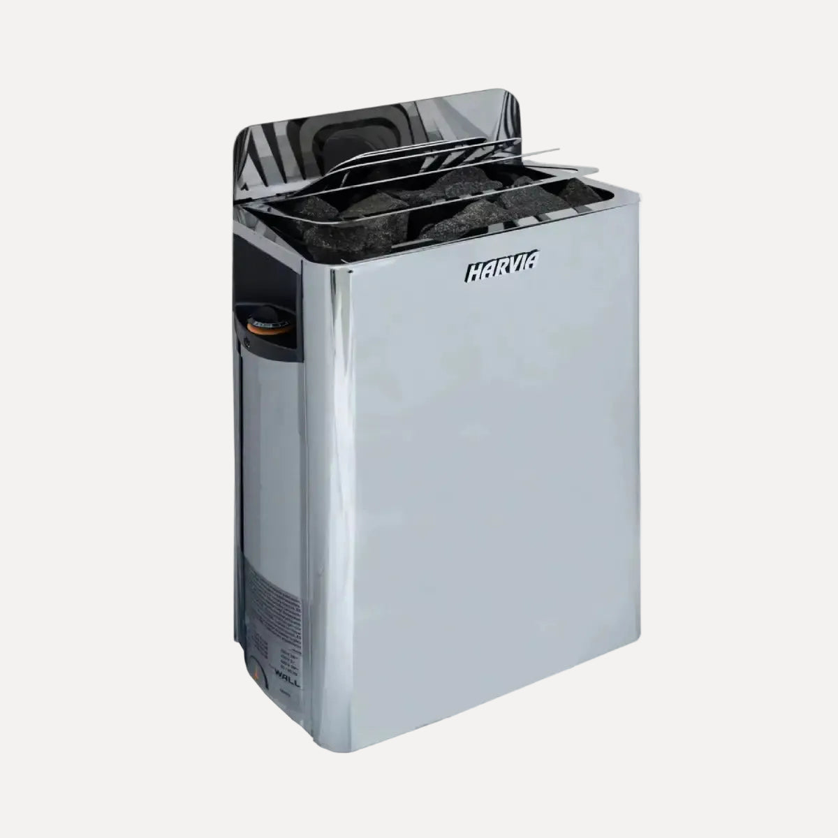 Harvia The Wall SWS80 8kW Electric Sauna Heater with Built-In Controls, front angle view in polished stainless steel on a white background