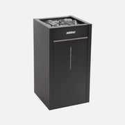 Harvia Virta Combi HL80SA 8kW Electric Sauna Heater and Steamer, angled front product view in black with stones on top against a plain gray background