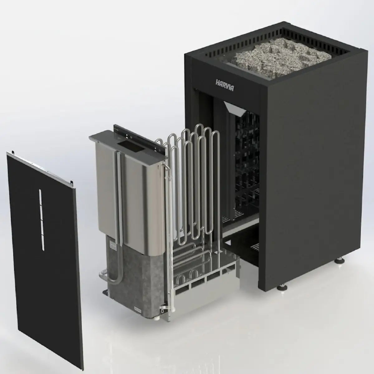 Harvia Virta Combi HL80SA 8kW Electric Sauna Heater and Steamer, exploded cutaway showing internal elements, stainless steam tank, and removable front panel