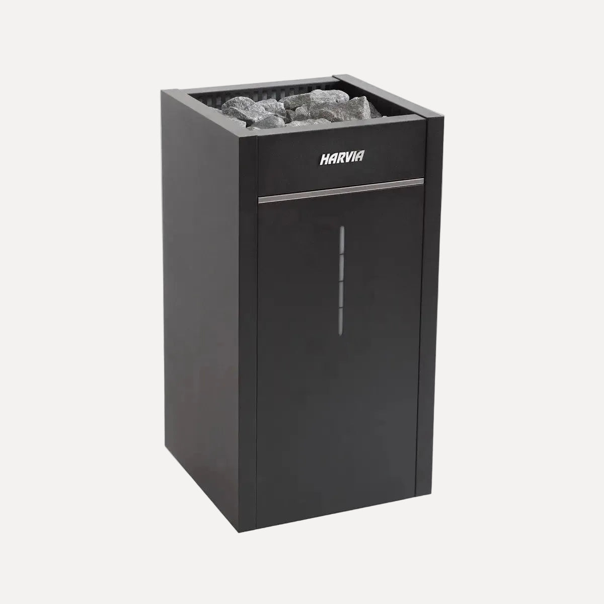Harvia Virta Combi HL90SA 9kW Electric Sauna Heater with Steamer, front angled view on a white background with sauna rocks on top.