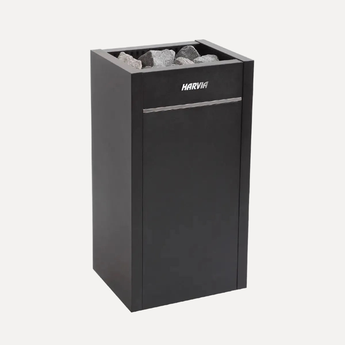 Harvia Virta HL110 10.5kW Electric Sauna Heater, front angled view of the black unit topped with sauna stones on a white background.