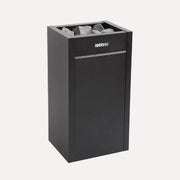 Harvia Virta HL60 6kW Electric Sauna Heater, front angled view of the black heater with sauna stones on top, studio background.
