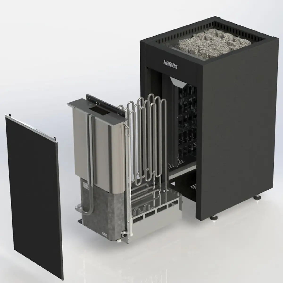 Harvia Virta HL60 6kW Electric Sauna Heater, exploded view showing internal heating elements with side panel removed, studio background.