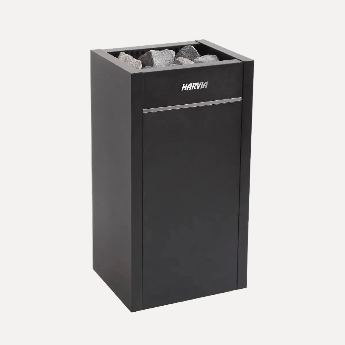 Harvia Virta HL80 8kW Electric Sauna Heater, front three-quarter view of the black unit with stones loaded on top against a plain gray background