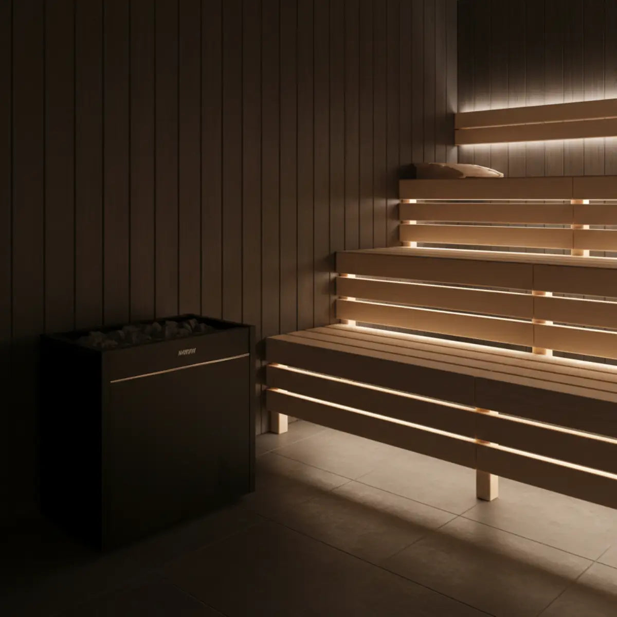 Harvia Virta Pro HL160 16kW Electric Sauna Heater, set in the corner of a dark wood sauna with LED lit tiered benches