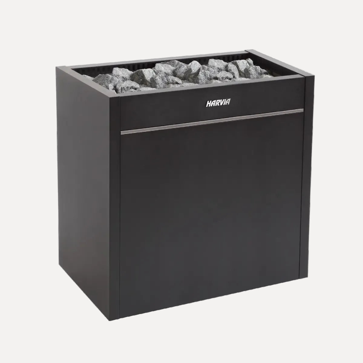 Harvia Virta Pro HL200 20kW Electric Sauna Heater, angled front view with sauna stones on top, on a white studio background.