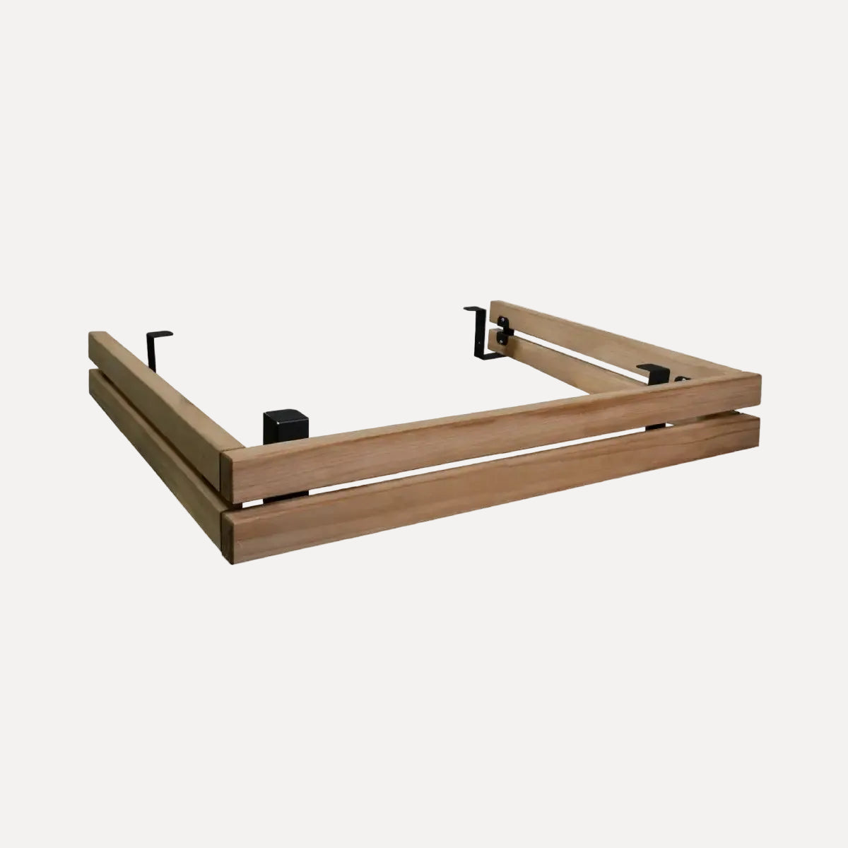 Harvia Virta Sauna Heater Safety Railing, angled view of the two tier wood frame with black mounting brackets on white.