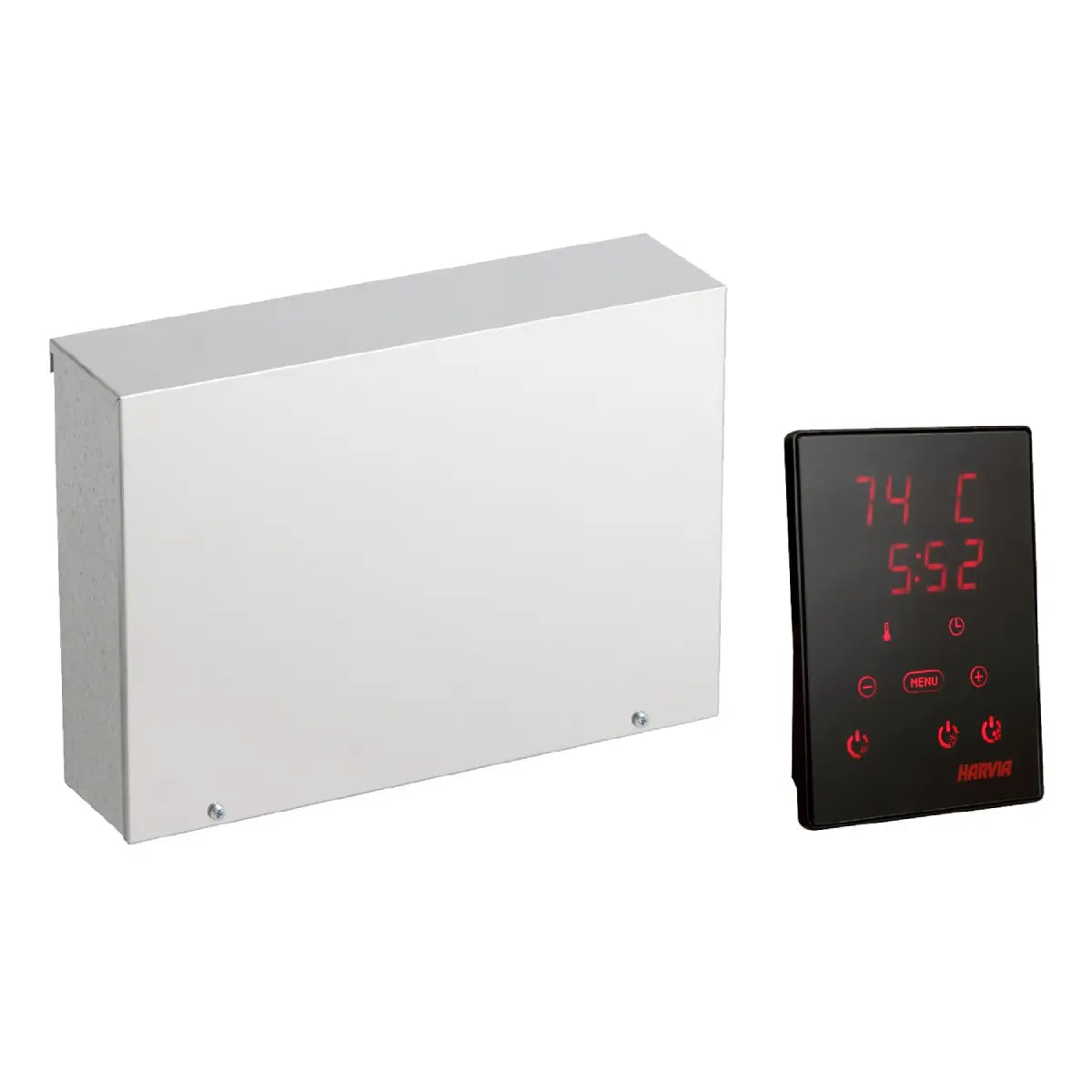 Harvia Xenio CX170-U1-15-XW Wi-Fi Sauna Control Unit, power unit box and touch display panel side by side on a white background
