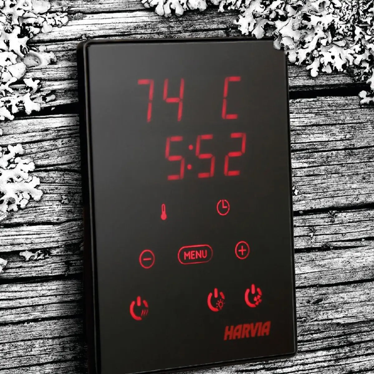 Harvia Xenio CX170-U3-15-XW Wi-Fi Sauna Control Unit, close up front view of the digital display and touch buttons on a wood backdrop.