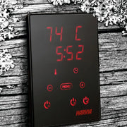 Harvia Xenio CX170-U3-15-XW Wi-Fi Sauna Control Unit, close up front view of the digital display and touch buttons on a wood backdrop.