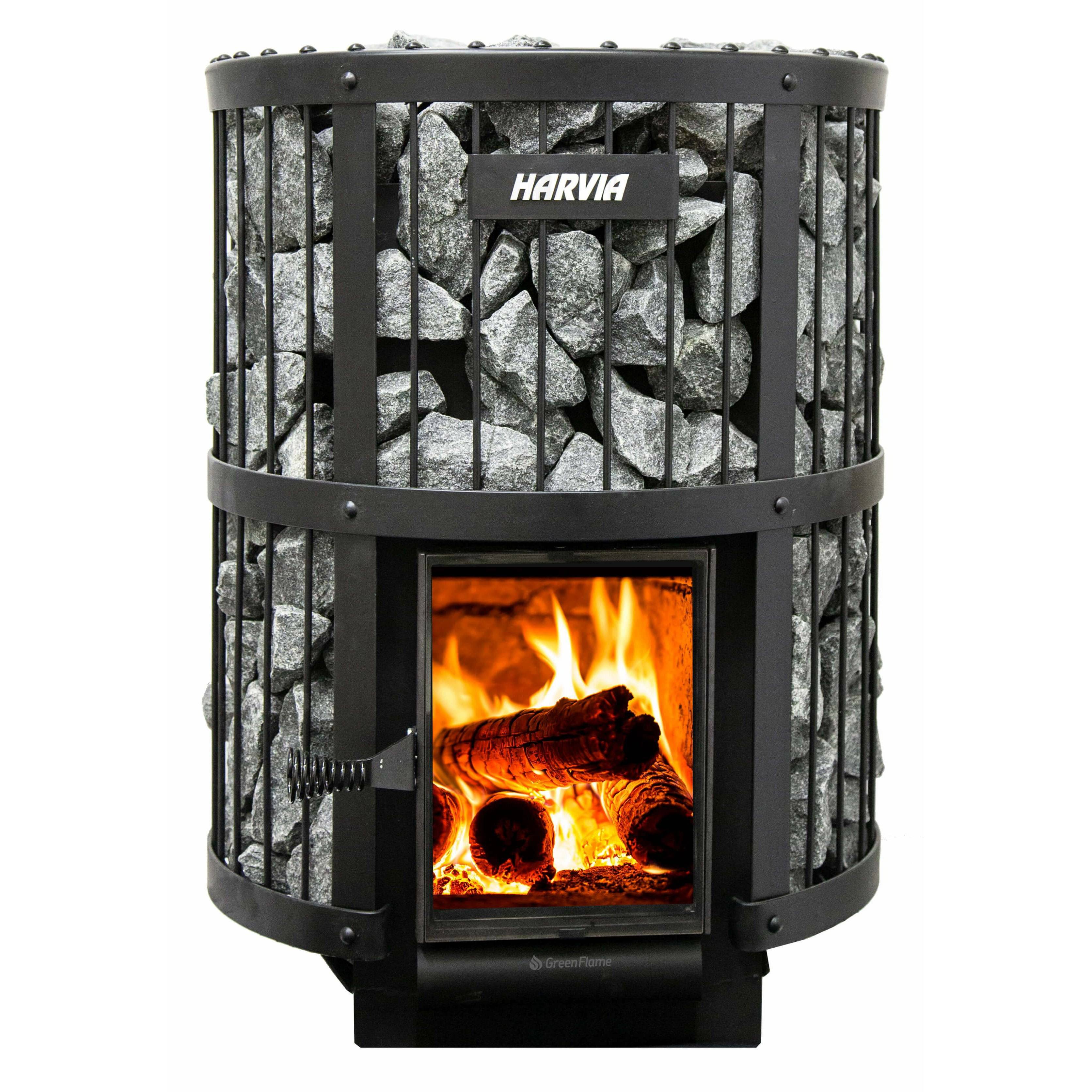 Harvia Legend 240 GreenFlame 21kW Wood-Burning Sauna Stove, angled front view on a white background showing the rock filled cage and logo.