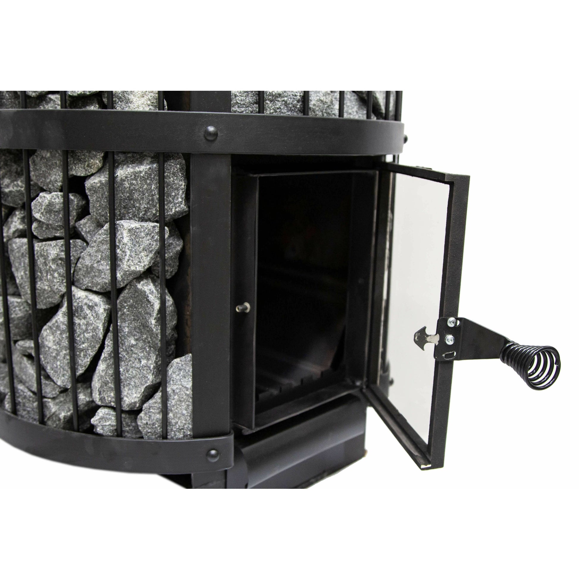 Harvia Legend 240 GreenFlame 21kW Wood-Burning Sauna Stove, close up of the open fire door latch and empty firebox on a white background.
