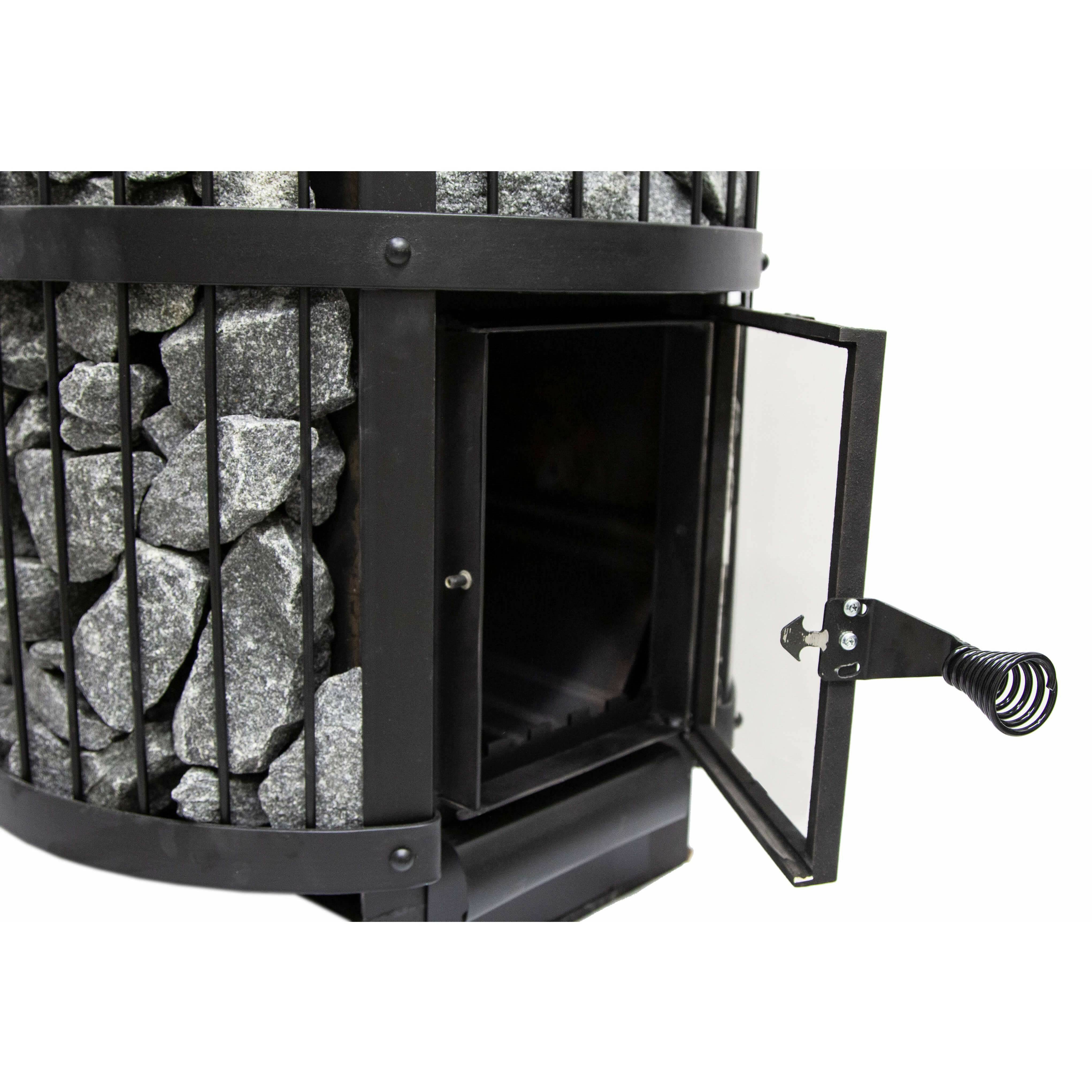 Harvia Legend 240 GreenFlame 21kW Wood-Burning Sauna Stove, close up of the open fire door latch and empty firebox on a white background.