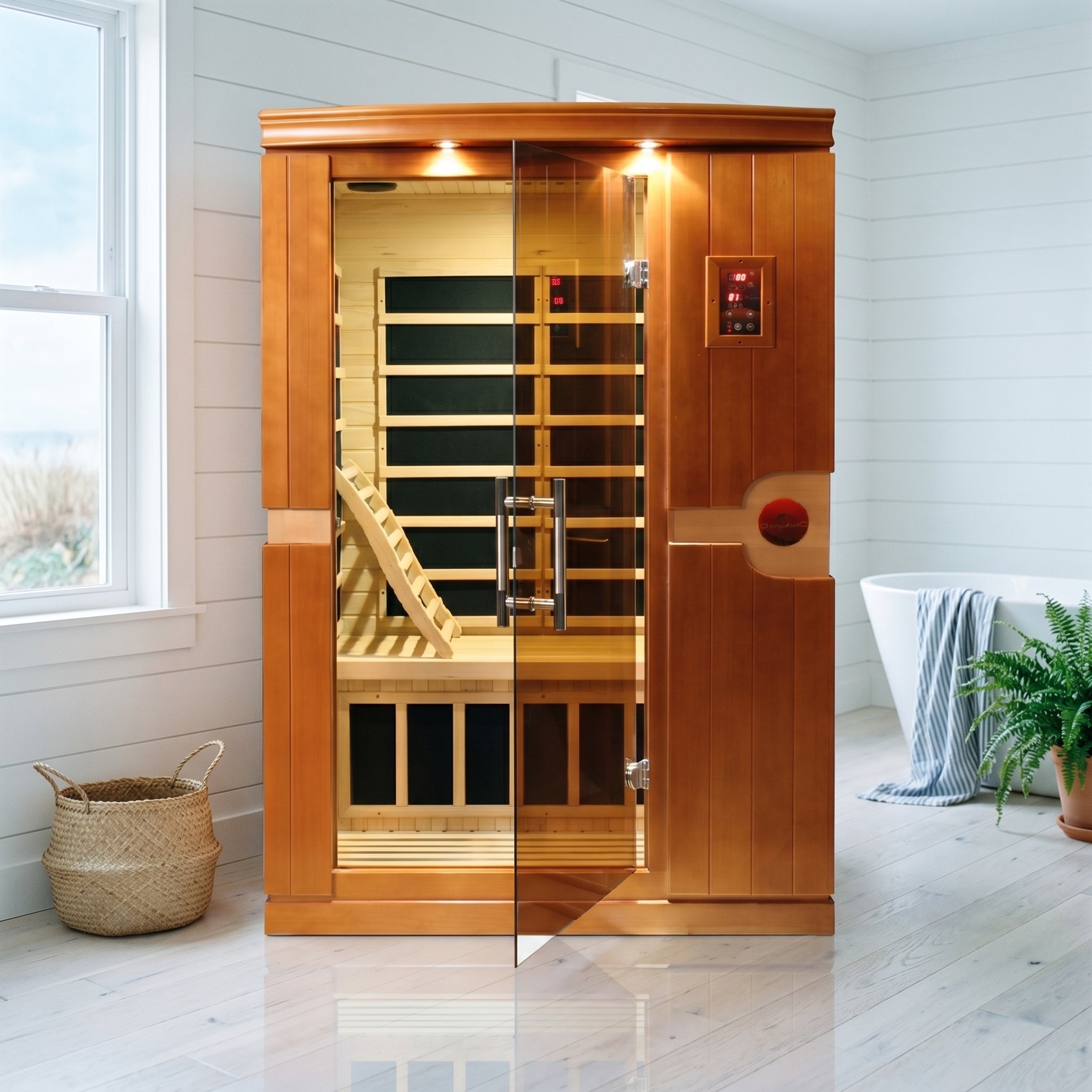 Golden Designs Dynamic Venice far infrared sauna set up in a relaxing home room