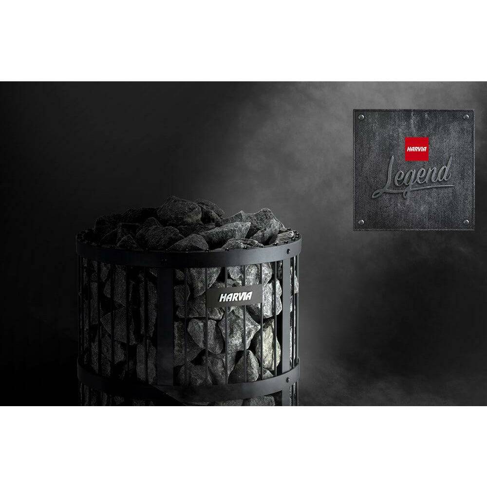Harvia Legend 150 16kW Wood-Burning Sauna Stove on a dark studio background beside the Harvia Legend logo plate.
