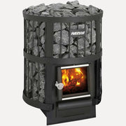 Harvia Legend 150 16kW Wood-Burning Sauna Stove, front angled view on a white background with flames visible through the glass door.