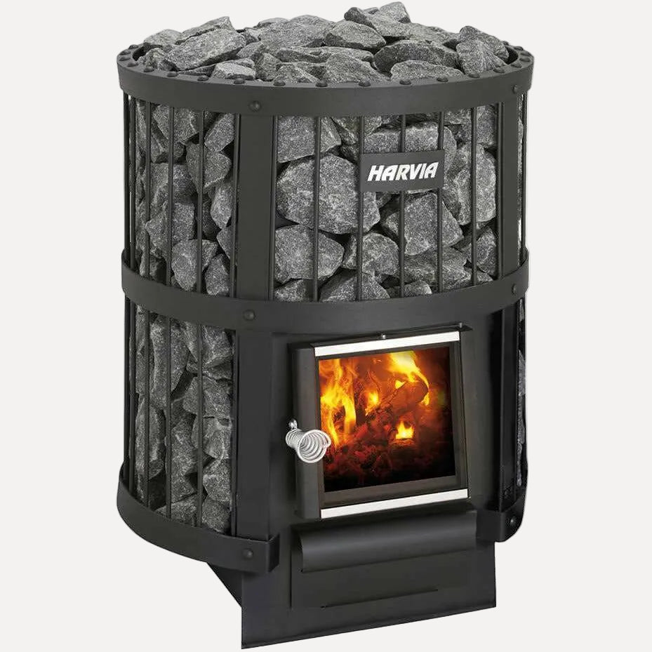 Harvia Legend 150 16kW Wood-Burning Sauna Stove, front angled view on a white background with flames visible through the glass door.