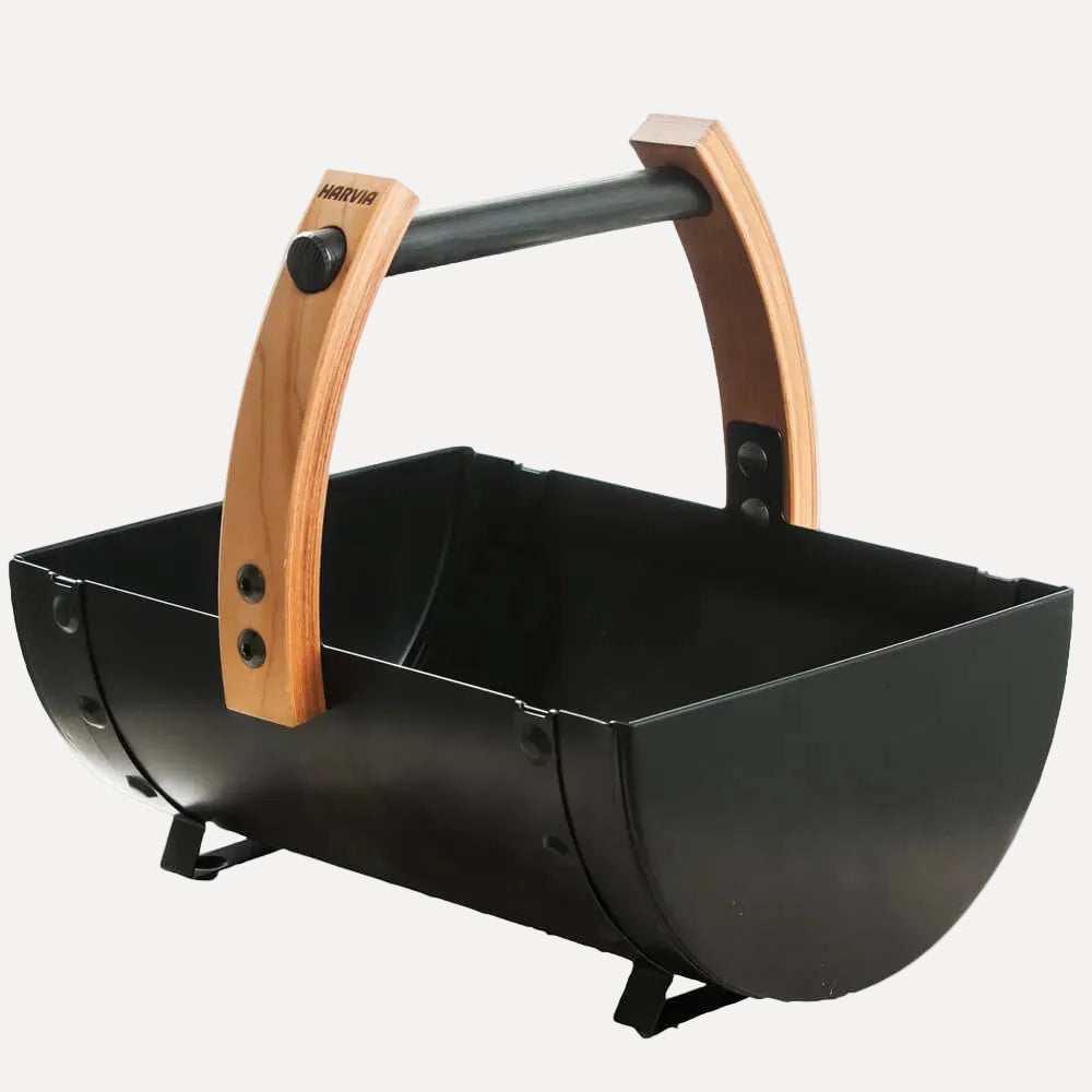 Harvia Legend Bucket SASPO100 Sauna Bucket, angled front view on a white background showing the wood handle and black steel body.