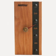 Harvia Legend Thermometer SASPO104 Sauna Thermometer, front view of wood body with black temperature scale and needle dial on a white background