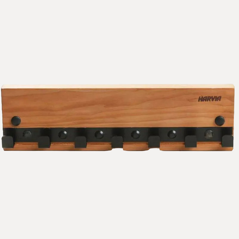 Harvia Legend Clothes Hanger SASPO103, close up front view on a white background showing wood grain and black hooks
