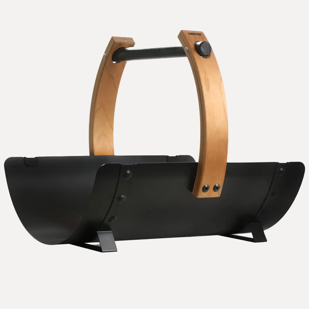 Harvia Legend Firewood Basket SASPO102, empty basket side view on a white background showing wood handle and metal frame