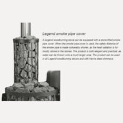 Harvia Legend WL300 Smoke Pipe Cover, stone filled wire cage on a stove pipe, shown beside a product description panel, light gray background
