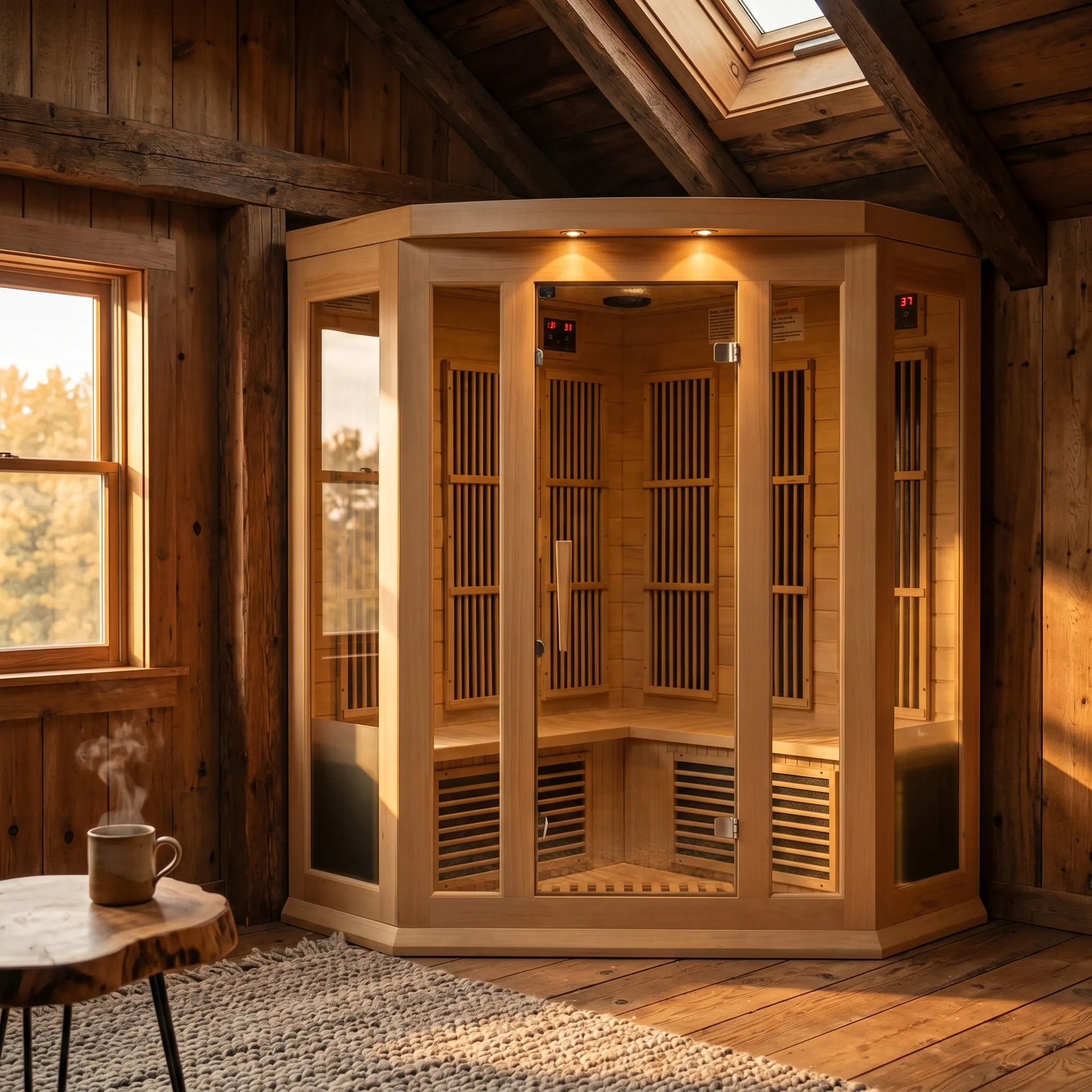 Golden Designs Maxxus 3 Person Corner far infrared sauna shown at a front three-quarter angle