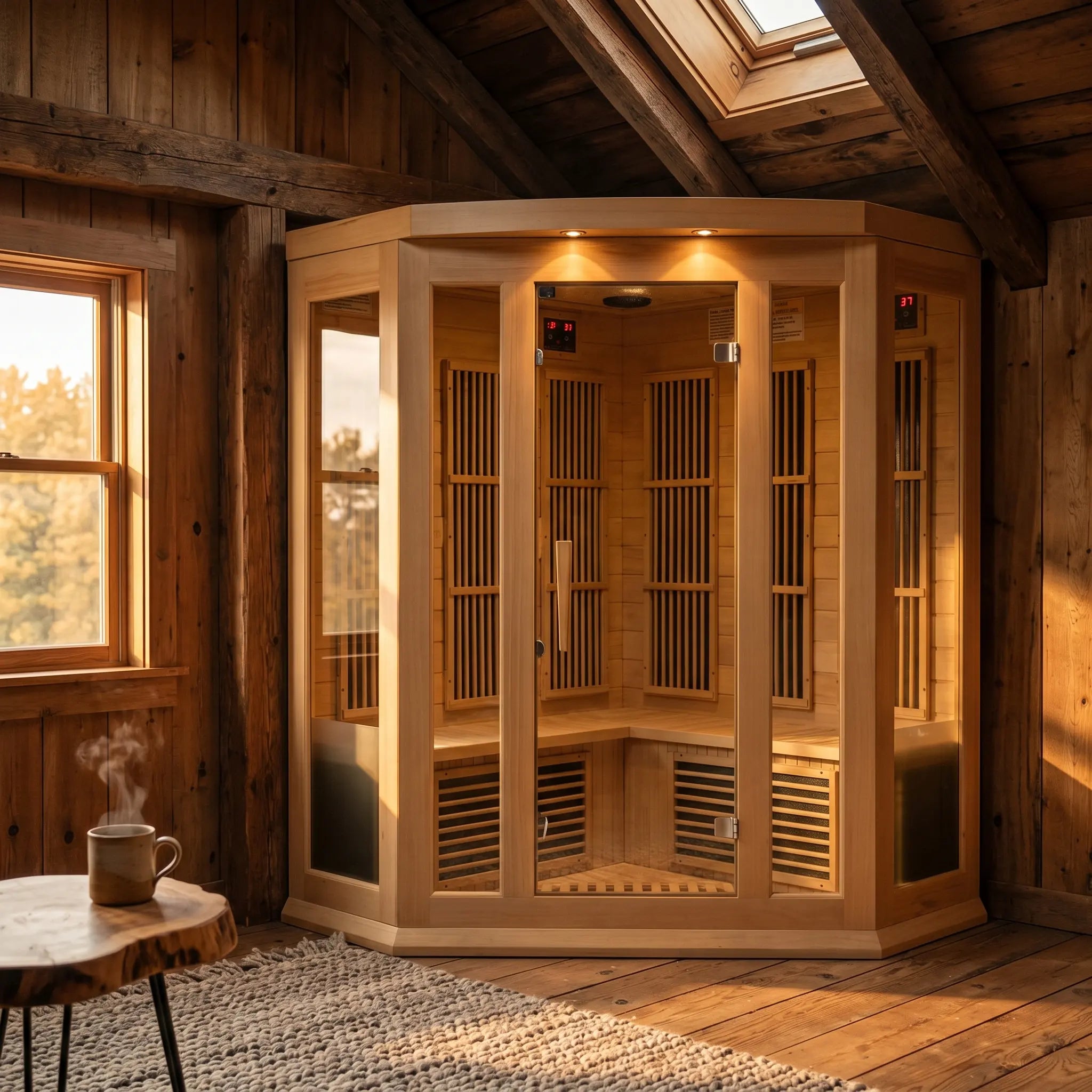 Golden Designs Maxxus 3 Person Corner far infrared sauna shown at a front three-quarter angle