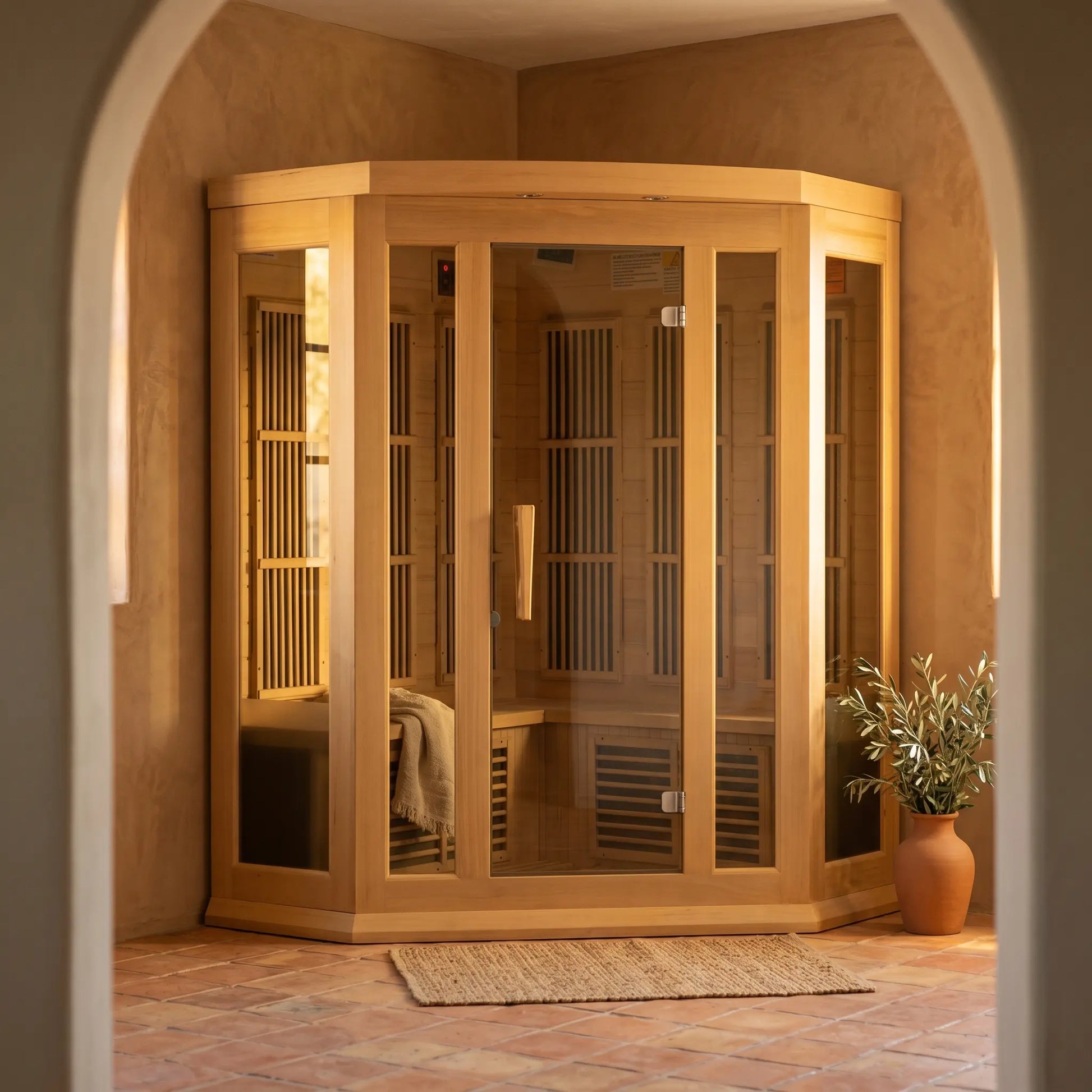 Golden Designs Maxxus 3 Person Corner far infrared sauna side angle view