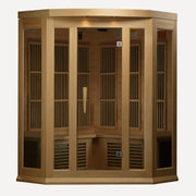 Golden Designs Maxxus 3 Person Corner 3 person low EMF far infrared sauna, front view on white background