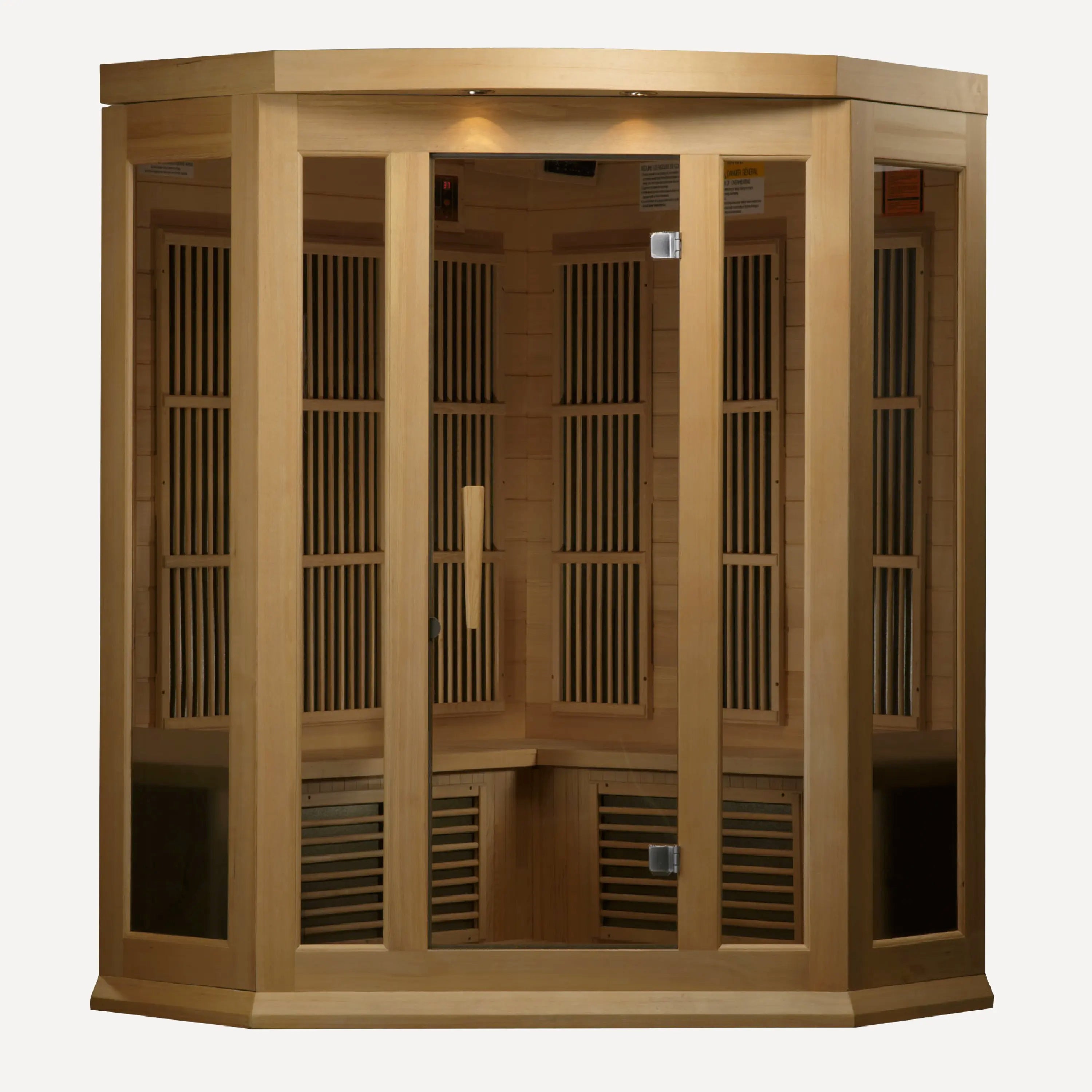 Golden Designs Maxxus 3 Person Corner 3 person low EMF far infrared sauna, front view on white background
