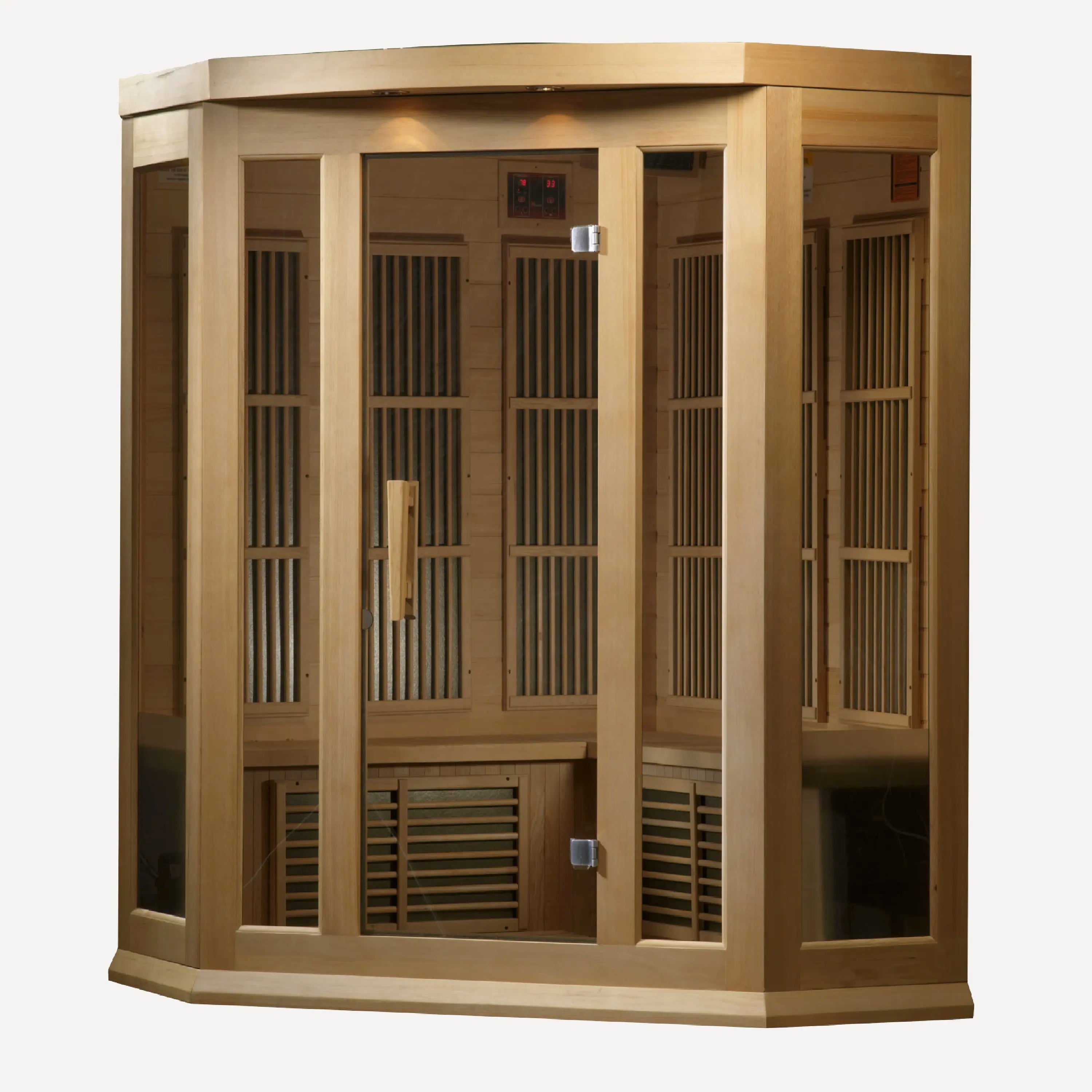 Golden Designs Maxxus 3 Person Corner far infrared sauna angled view showing the glass front