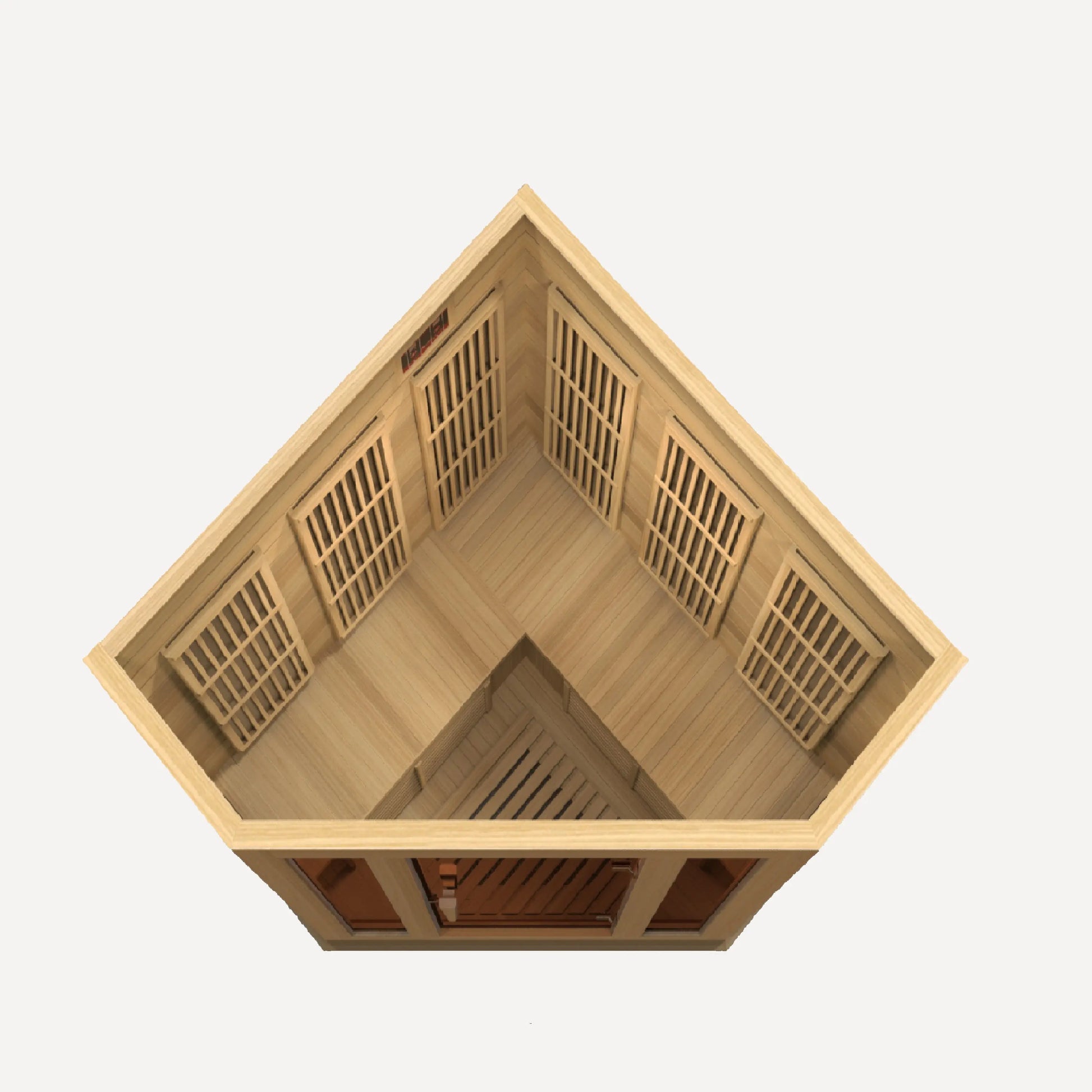 Inside the Golden Designs Maxxus 3 Person Corner infrared sauna looking toward the glass door