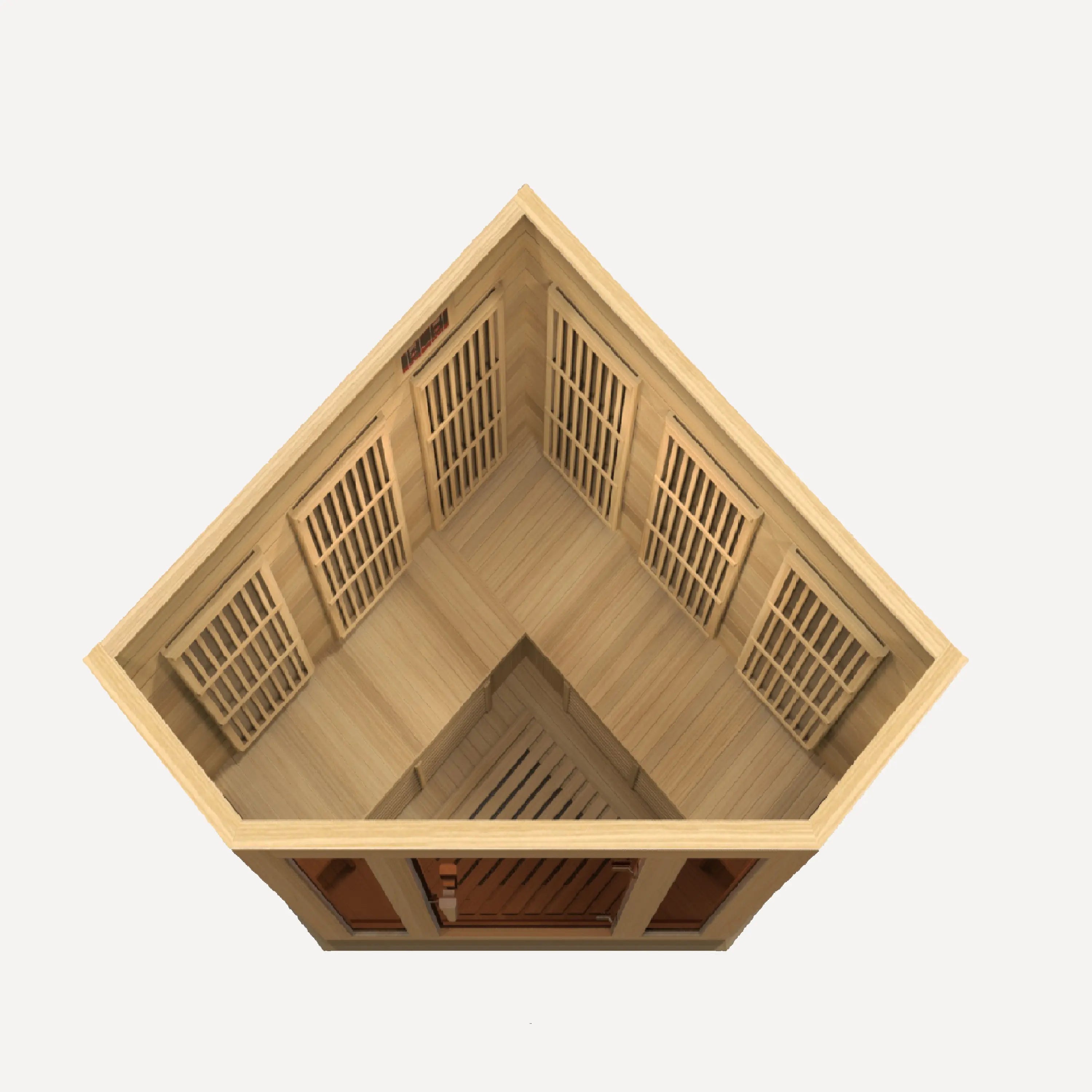Inside the Golden Designs Maxxus 3 Person Corner infrared sauna looking toward the glass door