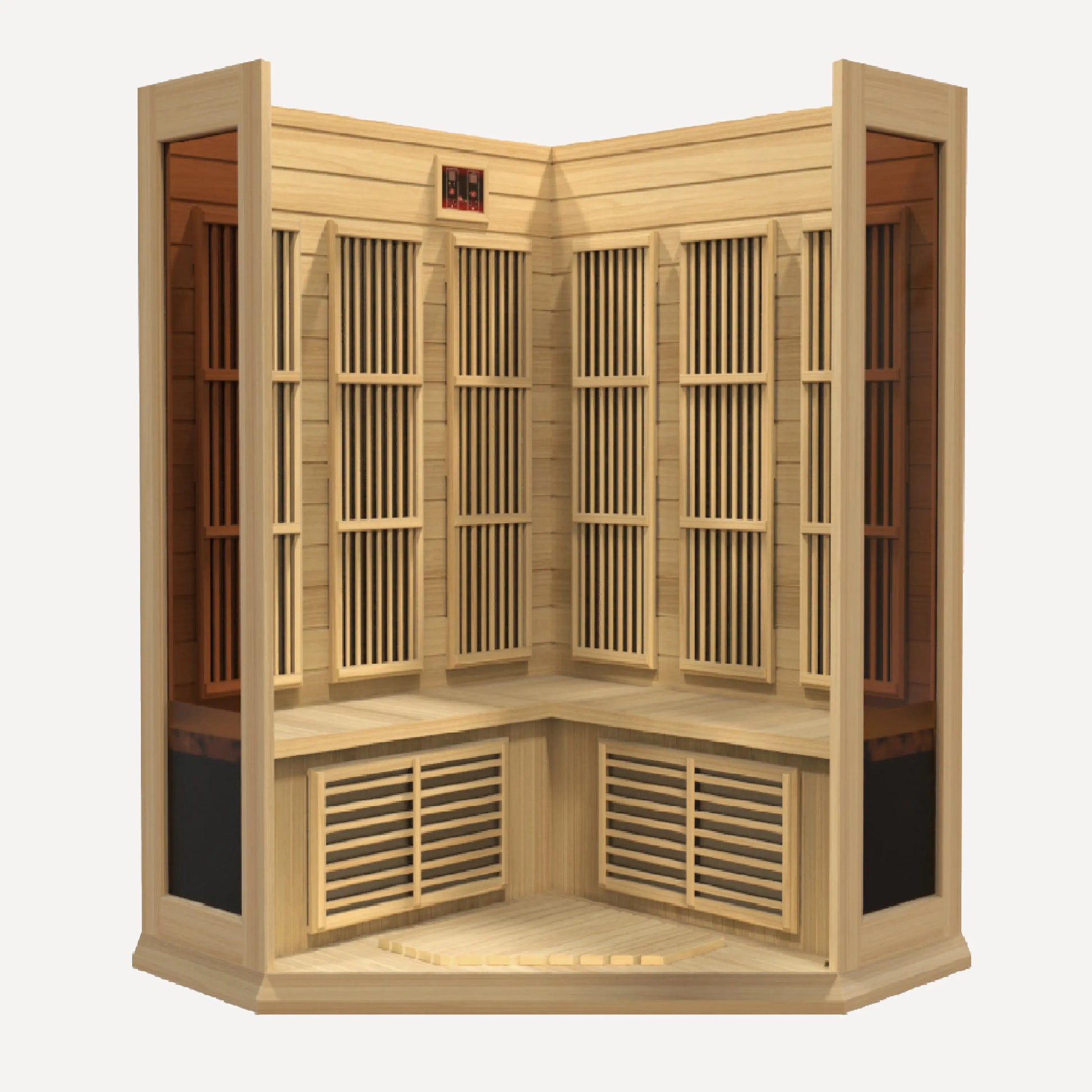 Interior of the Golden Designs Maxxus 3 Person Corner infrared sauna with bench and carbon heating panels