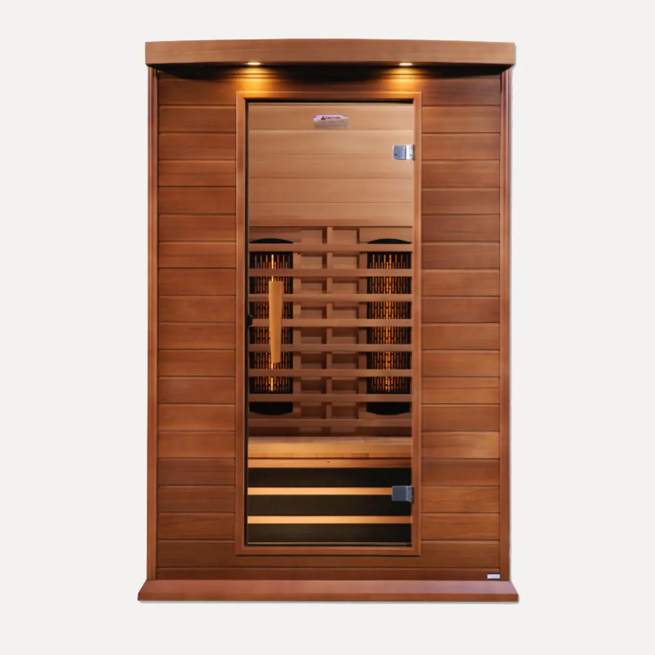 Maxxus 2 person full spectrum near zero EMF far infrared sauna in red cedar, front view on white background