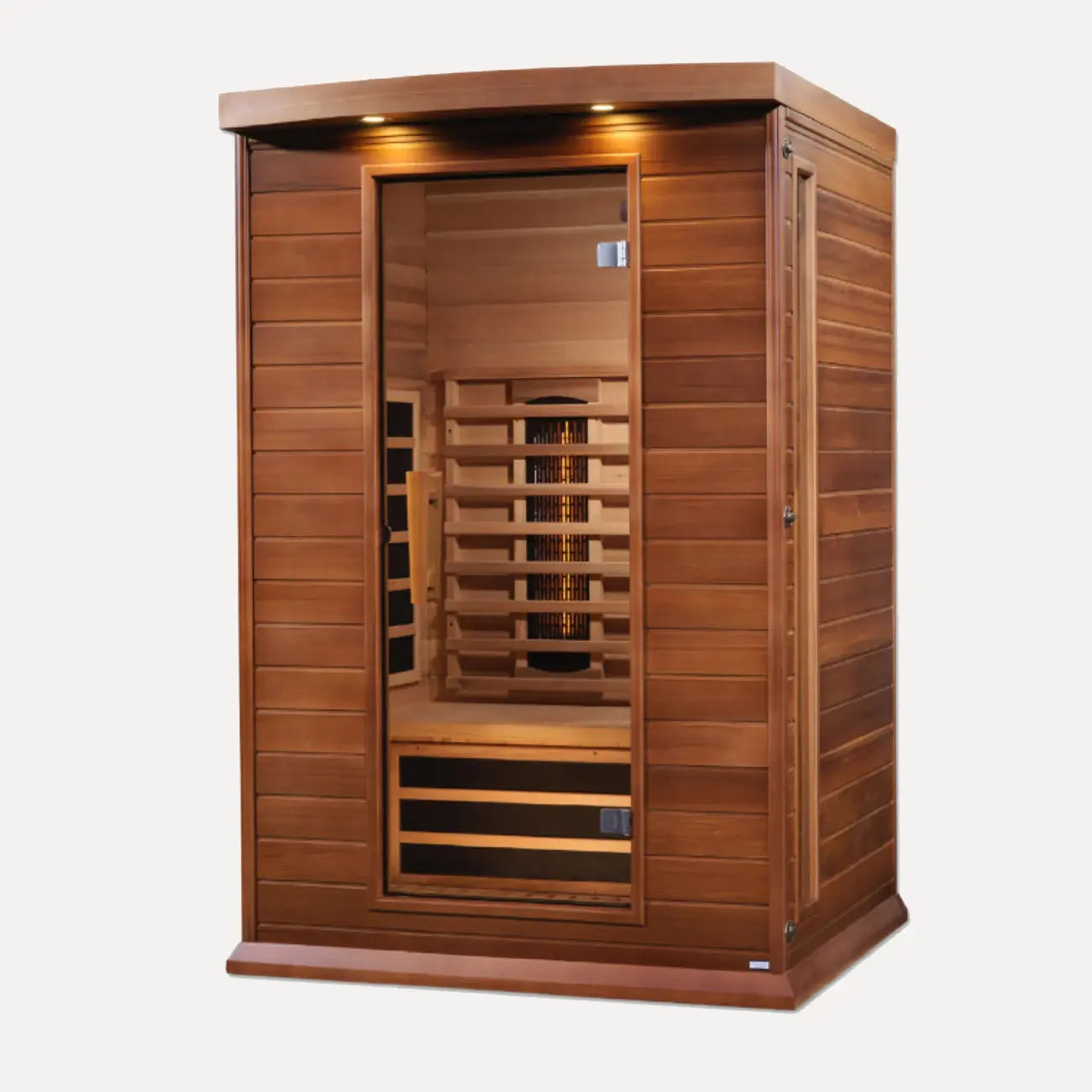 Maxxus 2 person full spectrum near zero EMF far infrared sauna in red cedar, rear and side view on white background