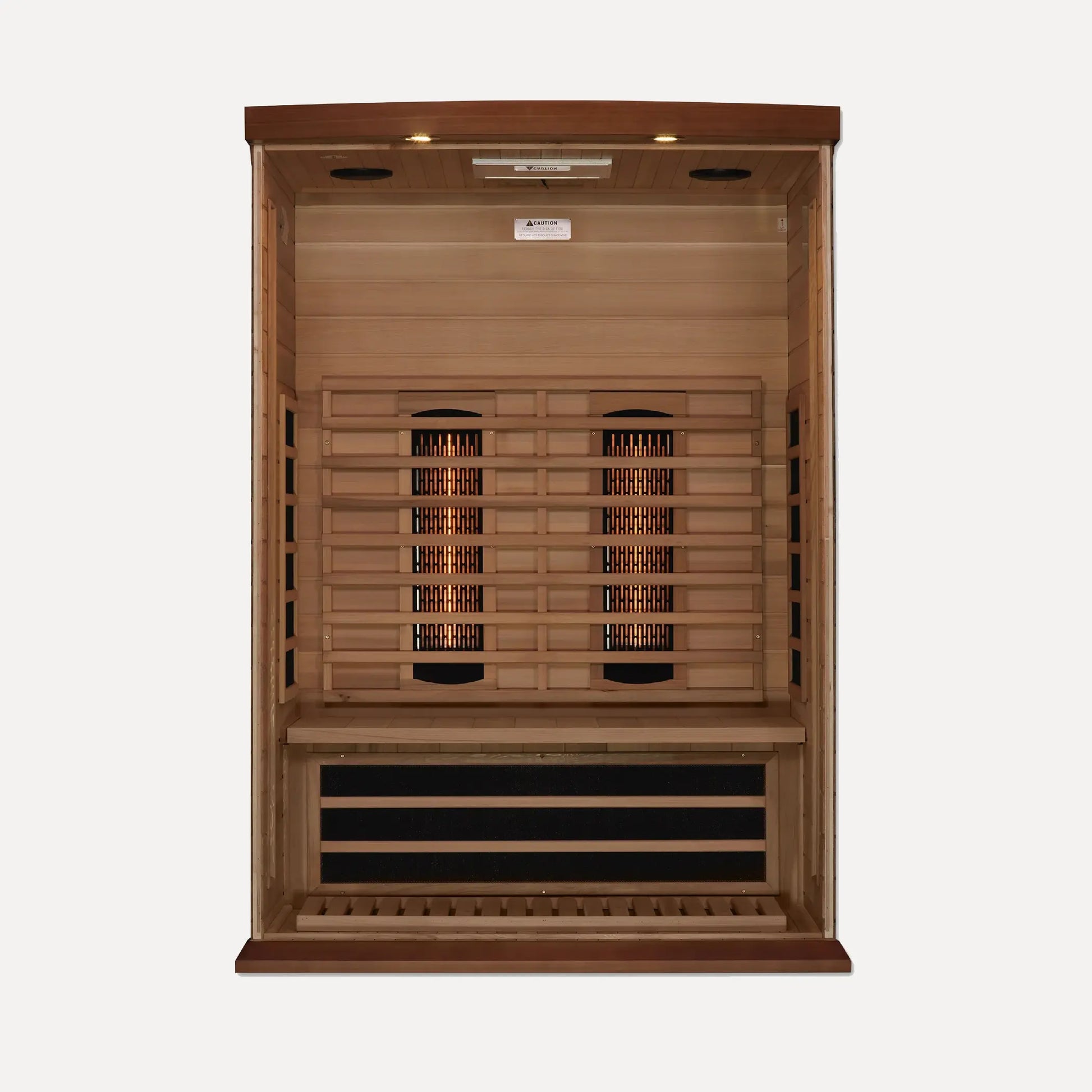 Maxxus 2 person full spectrum near zero EMF far infrared sauna in red cedar, side profile view on white background