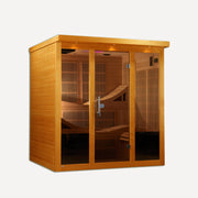 Golden Designs Dynamic Monaco Elite 6 person ultra low EMF infrared sauna, front view on white background