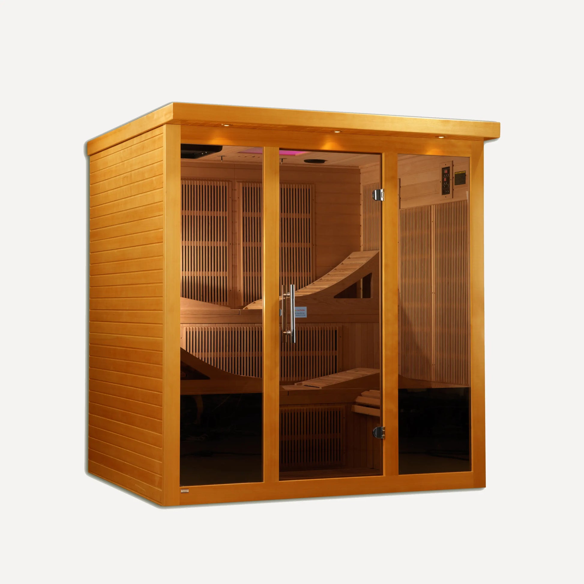 Golden Designs Dynamic Monaco Elite 6 person ultra low EMF infrared sauna, front view on white background