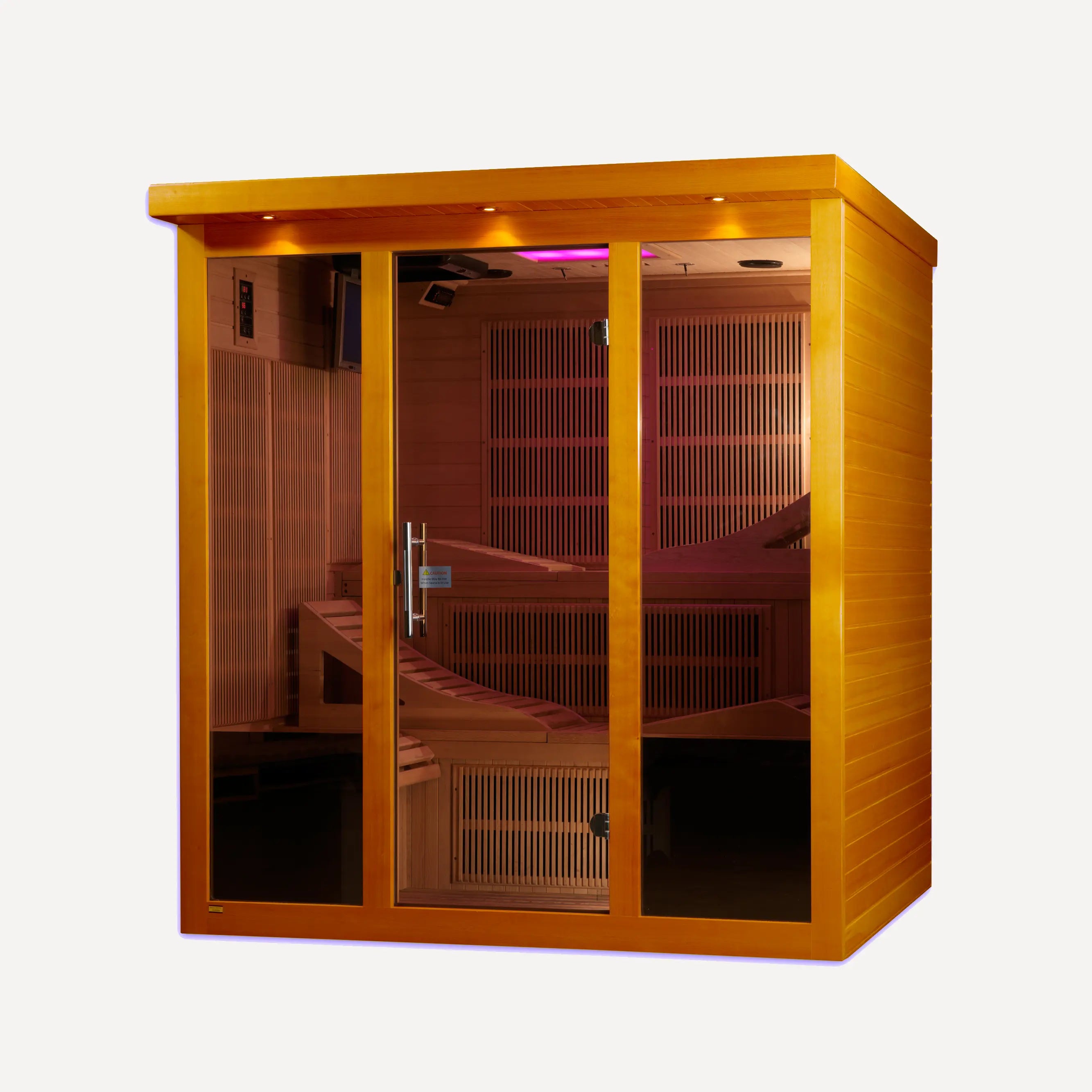 Golden Designs Dynamic Monaco Elite ultra low EMF infrared sauna shown at a front three-quarter angle