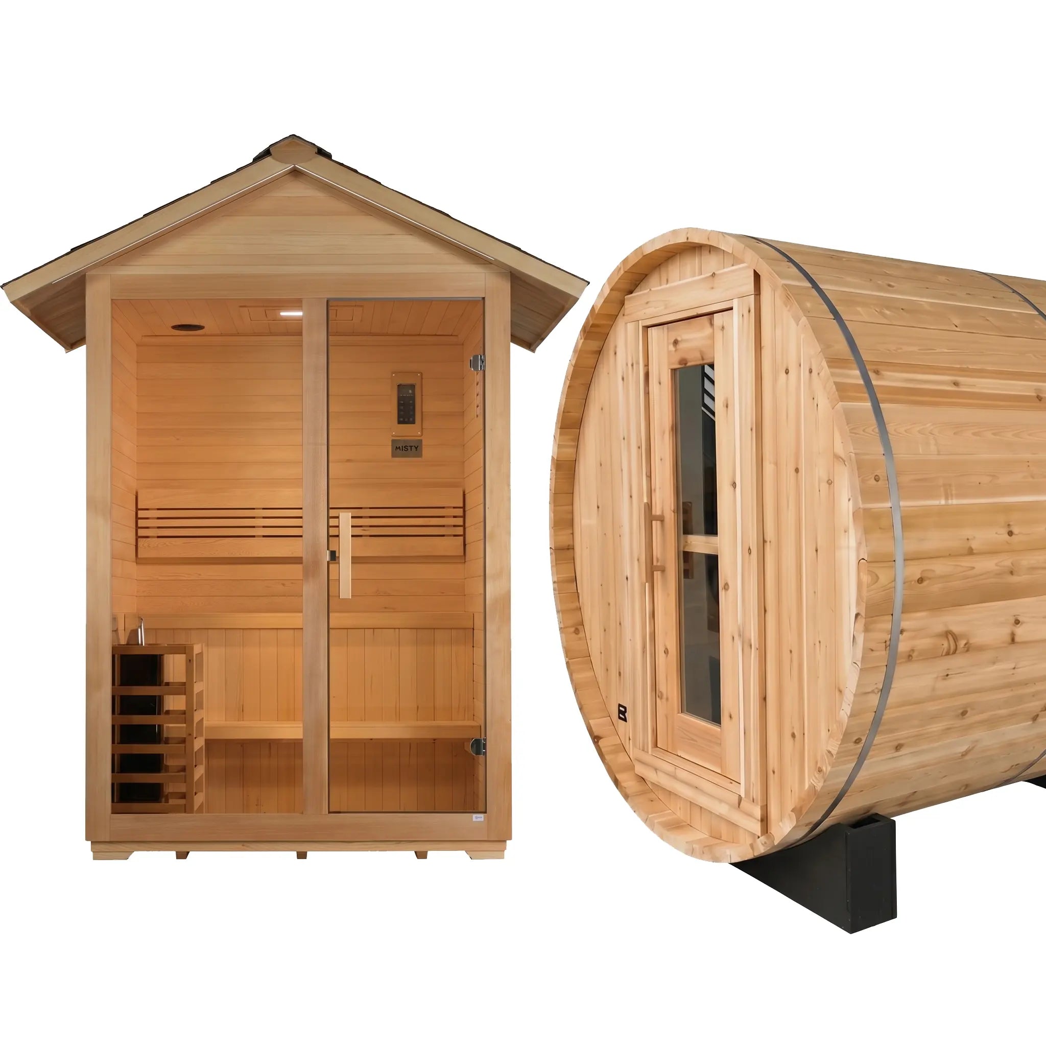 Outdoor saunas category image with a cedar sauna in a backyard setting