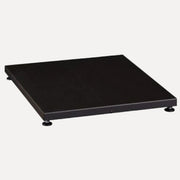 Harvia Protective Bedding WL110 for Legend 20 LS/RS Pro36 & Duo36, angled view of the black base plate with adjustable leveling feet on white.